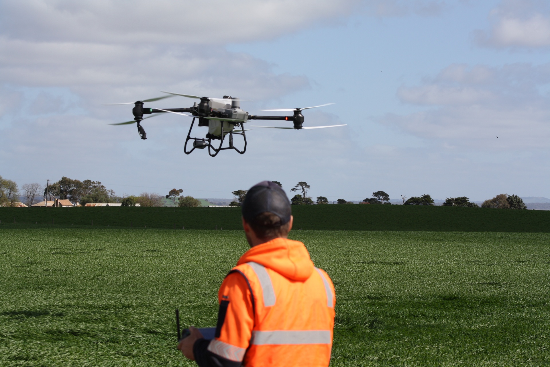 DRONES180 pilot operating a DJI T50 over agricultural fields